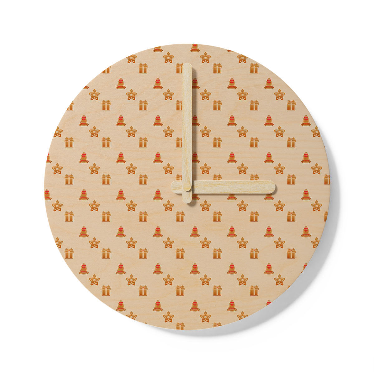 Christmas Pattern With Bells And Christmas Gift Wooden Wall Clock