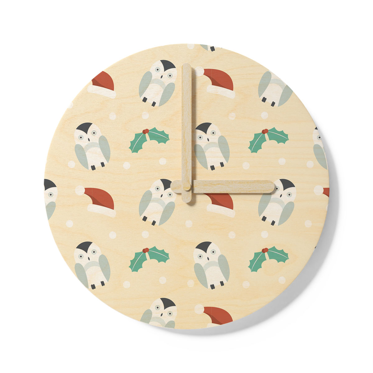 Christmas Penguins, Holly Leaf On Light Yellow Background Wooden Wall Clock
