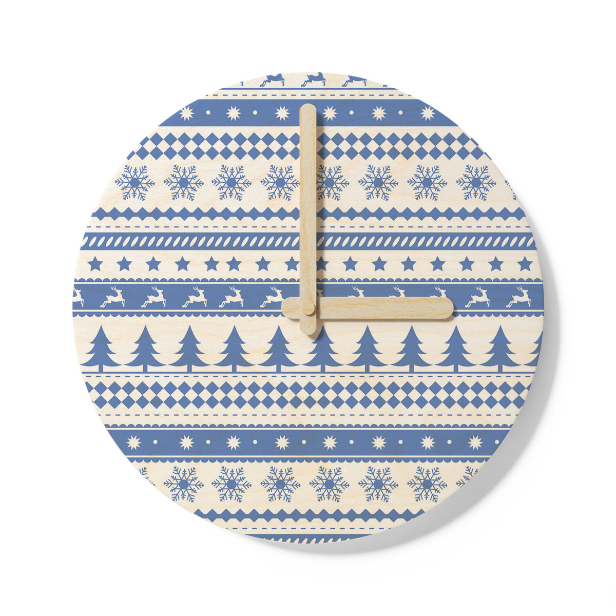 Christmas Pine Tree Silhouette, Reindeer And Snowflake Seamless Blue Pattern Wooden Wall Clock