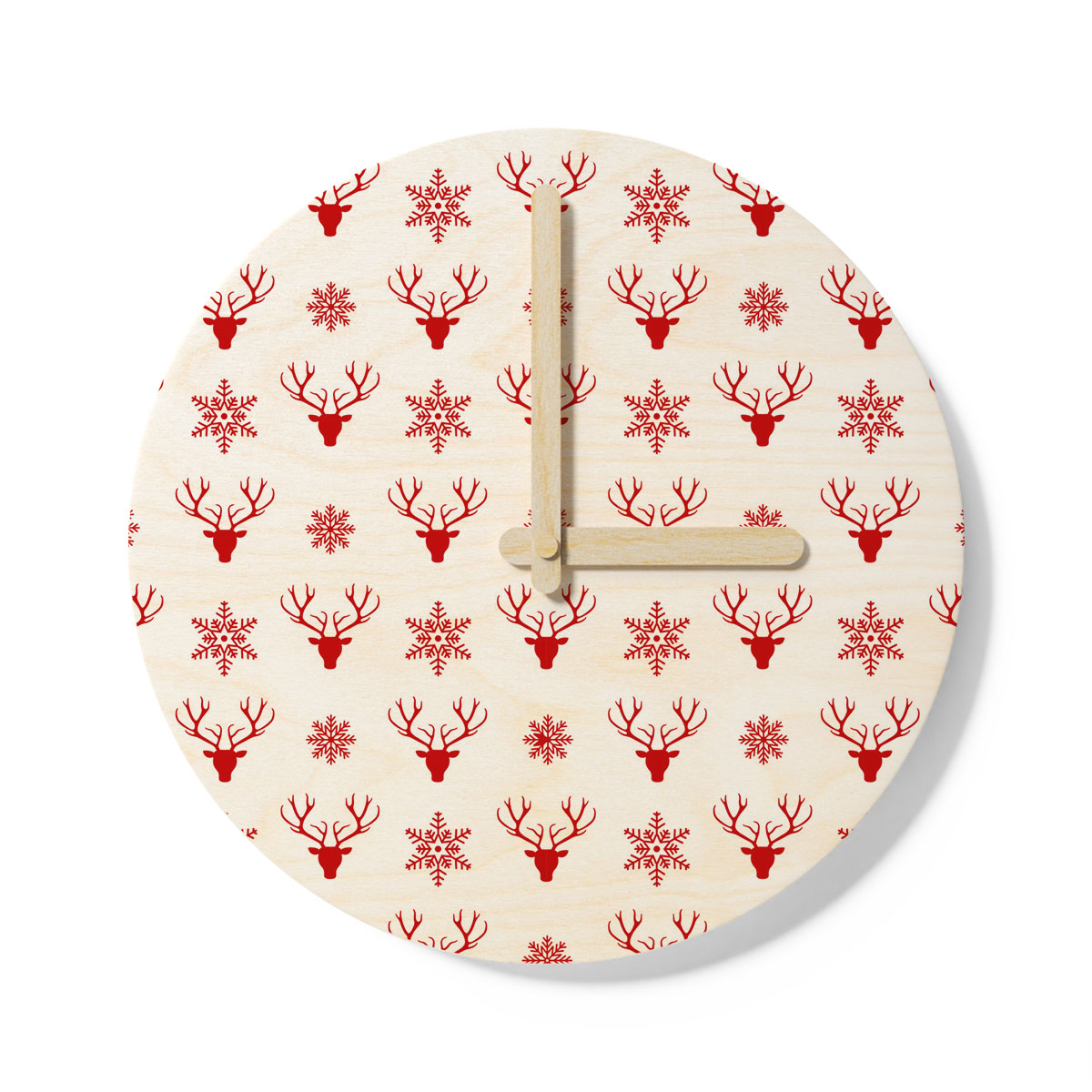 Christmas Reindeer And Snowflake Clipart Seamless White Pattern Wooden Wall Clock