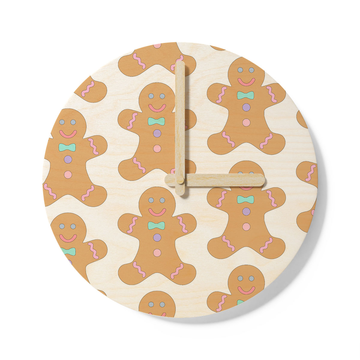 Cute Gingerbread Man Cookies Seamless Pattern Wooden Wall Clock
