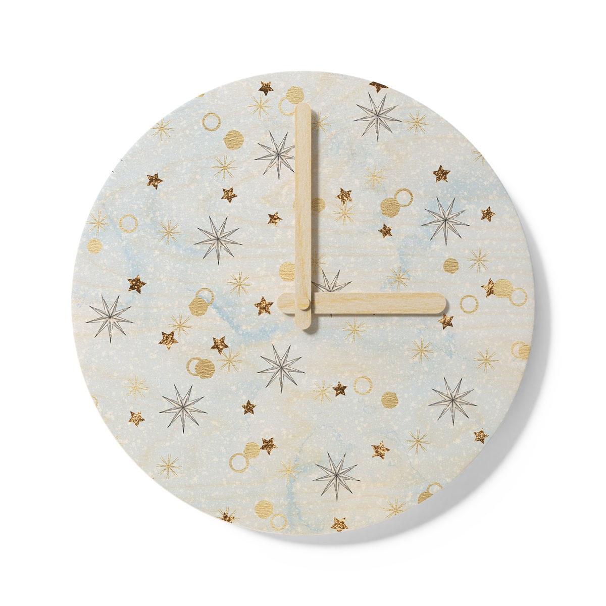 Gold Christmas Star On Snowflake Background Wooden Wall Clock