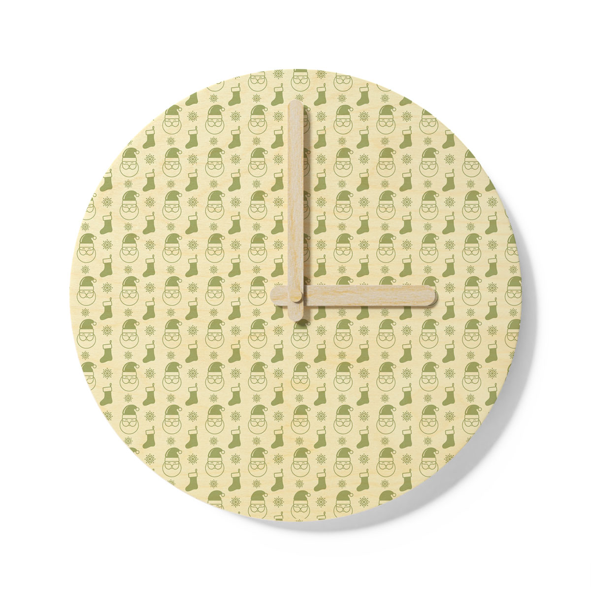 Green And Yellow Santa Clause, Christmas Socks On Snowflake Background Wooden Wall Clock