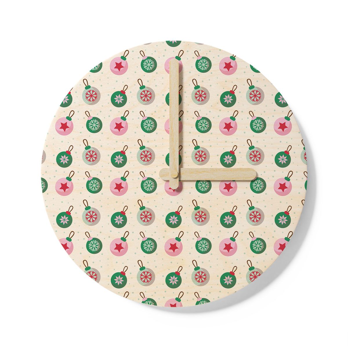 Green Pink And White Christmas Ball Pattern Wooden Wall Clock