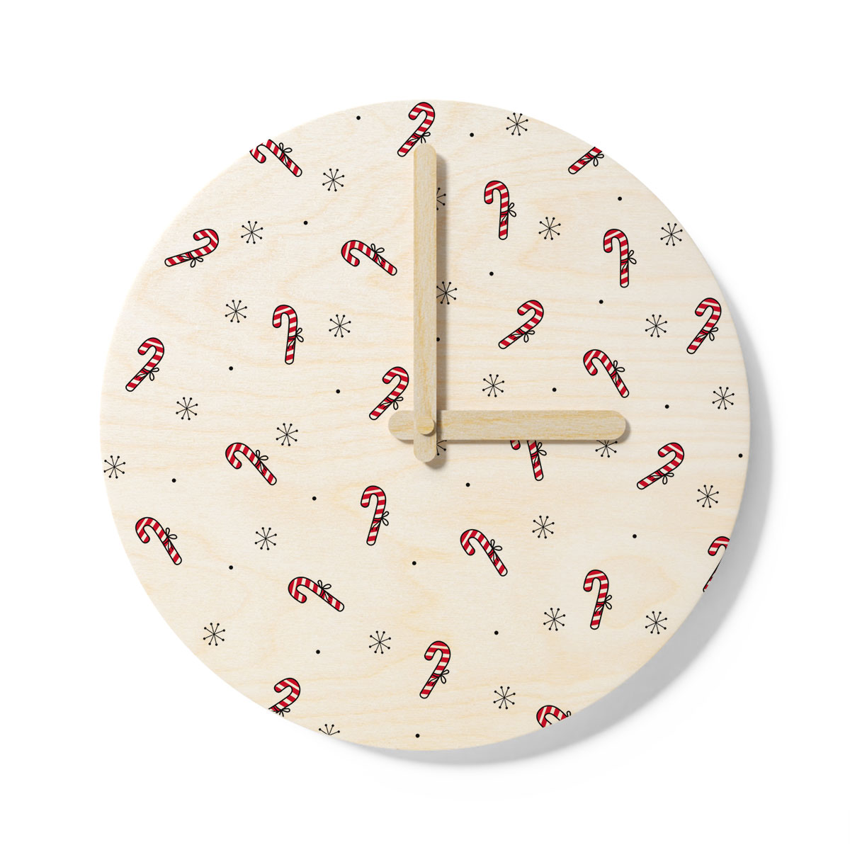 Hand Drawn Candy Canes, Snowflake Clipart Seamless White Pattern Wooden Wall Clock