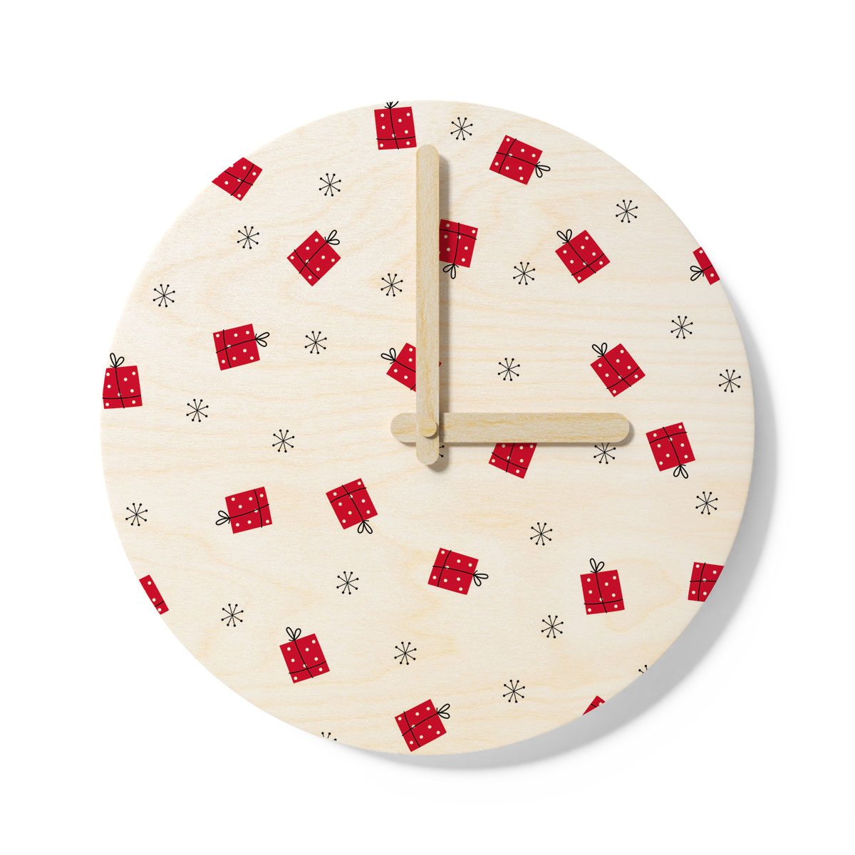 Hand Drawn Christmas Gifts, Snowflake Clipart Seamless White Pattern Wooden Wall Clock