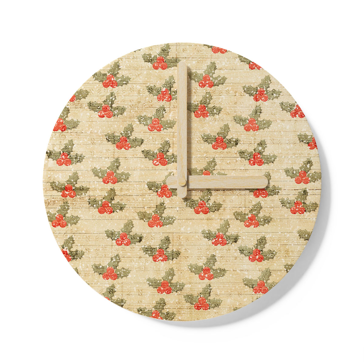 Holly Leaf On Snowflake Background Wooden Wall Clock