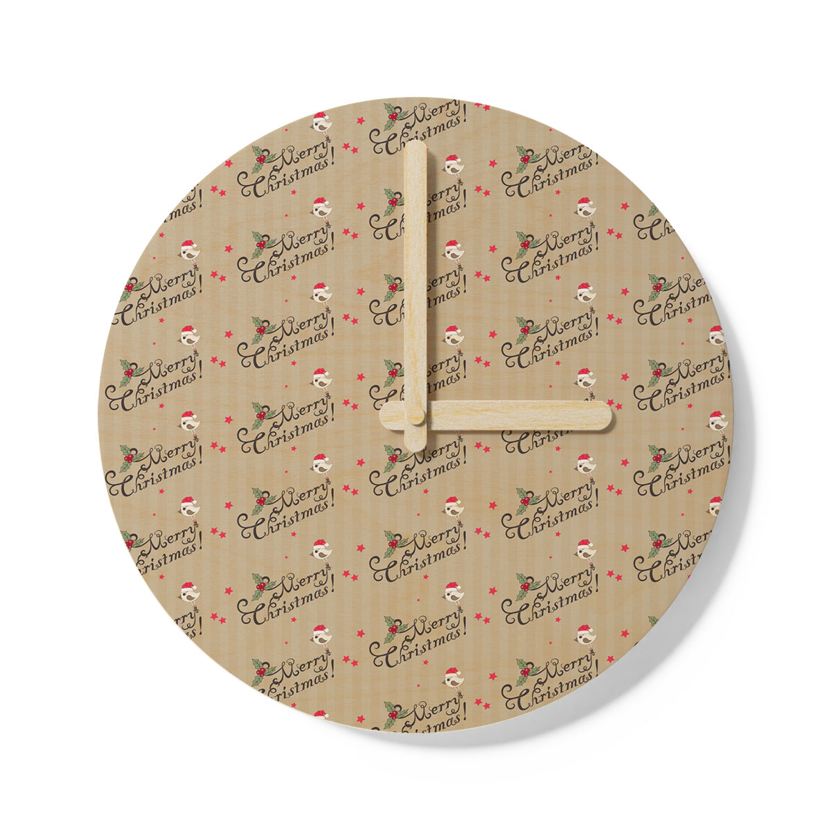 Merry Christmas With Cardinal Bird And Holly Leaf Wooden Wall Clock