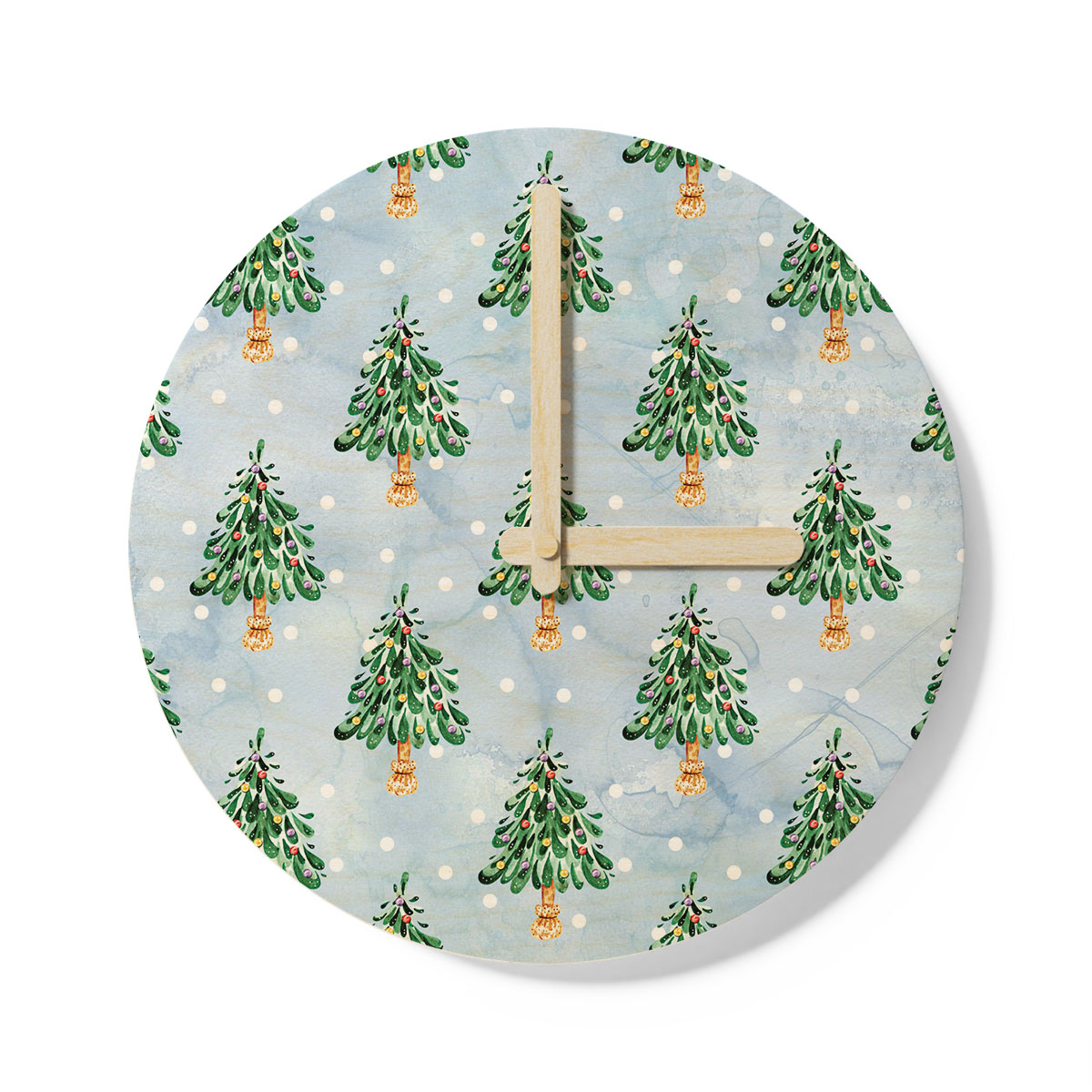 Pine Tree, Christmas Tree On Snowflake Background Wooden Wall Clock