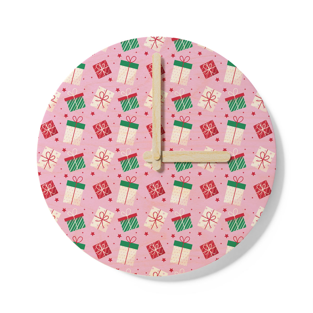 Red Green And White Christmas Gift On Pink Background Wooden Wall Clock
