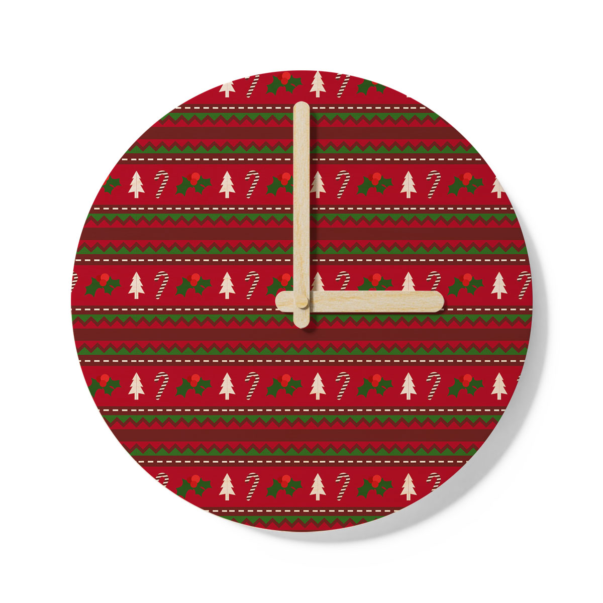 Red Green And White Christmas Tree, Holly Leaf With Candy Cane.jpg Wooden Wall Clock