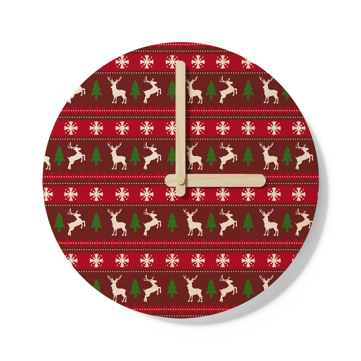 Red Green And White Christmas Tree, Reindeer With Snowflake Wooden Wall Clock