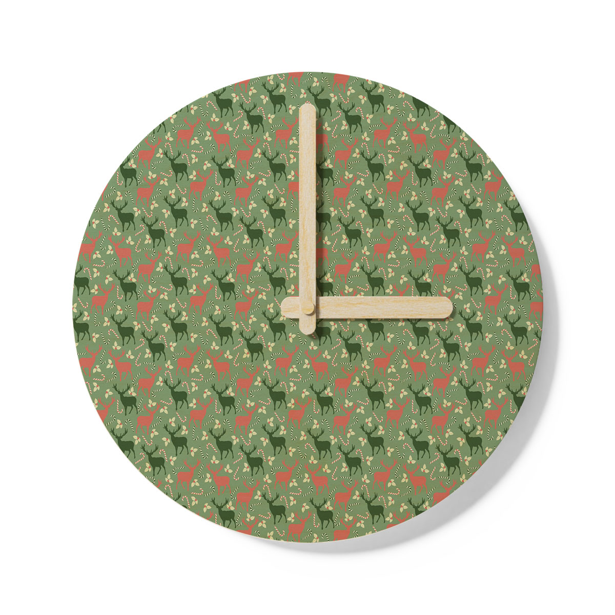 Reindeer, Christmas Flowers And Candy Canes Wooden Wall Clock