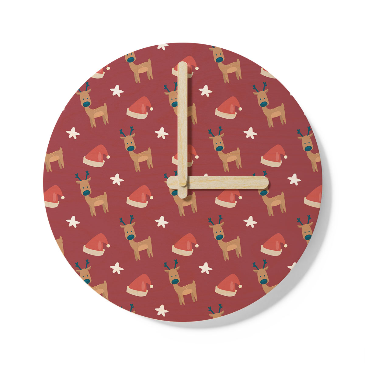 Reindeer Clipart, Santa Hat And Star Seamless Red Pattern Wooden Wall Clock