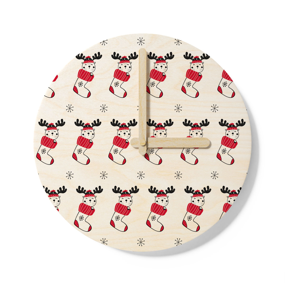 Reindeer Clipart In Hand Drawn Red Socks And Snowflake Clipart Seamless White Pattern Wooden Wall Clock