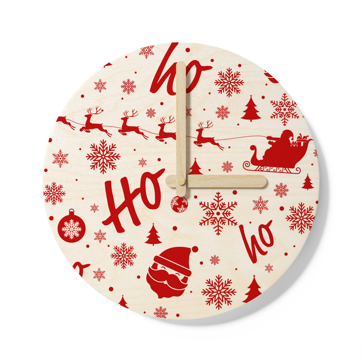 Santa Claus, Santas Reindeer And Christmas Sleigh On The Snowflake Background Wooden Wall Clock