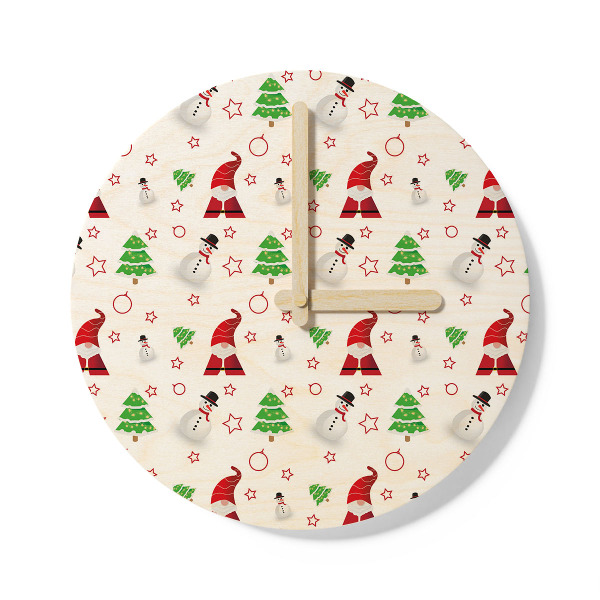 Santa Claus, Snowman Clipart And Pine Tree Silhouette Seamless Pattern Wooden Wall Clock