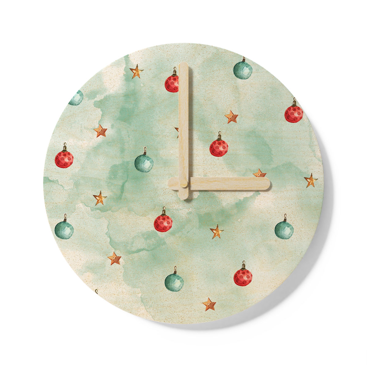 Watercolor Christmas Balls And Stars Pattern Wooden Wall Clock