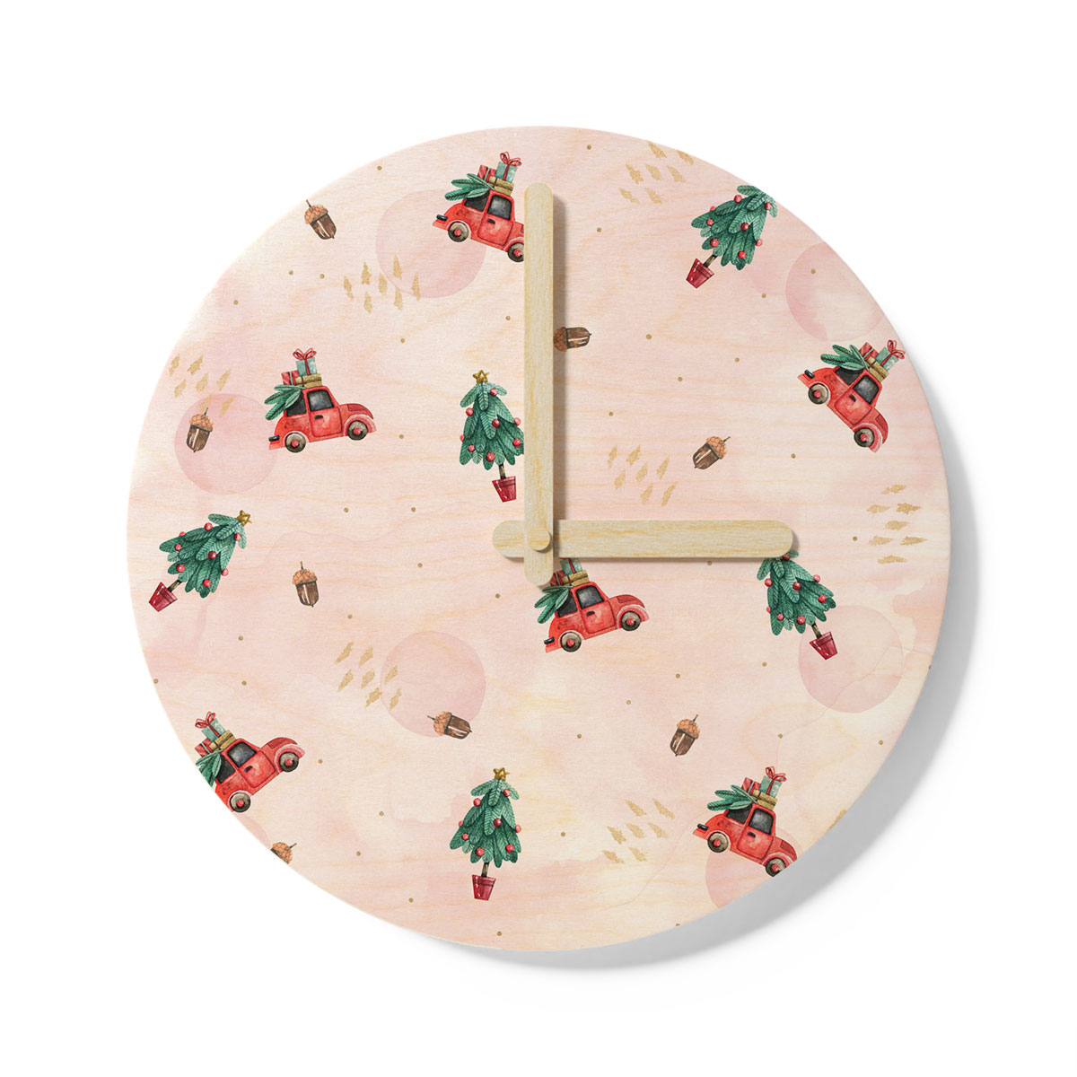 Watercolor Christmas Car With Gifts And Acorns Pink Pattern Wooden Wall Clock