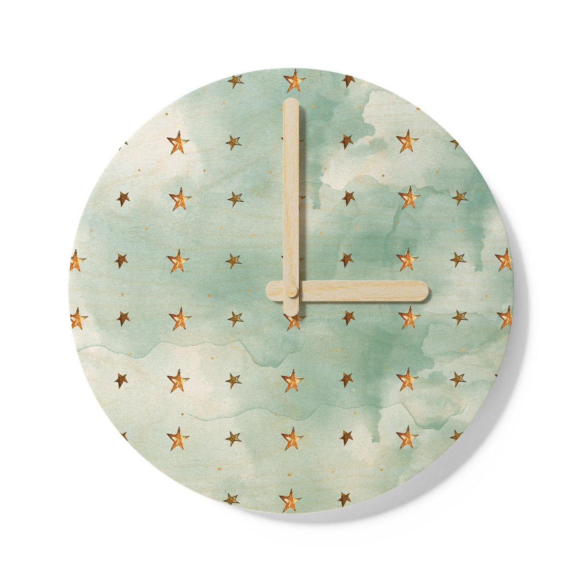 Watercolor Gold Christmas Star Pattern Wooden Wall Clock