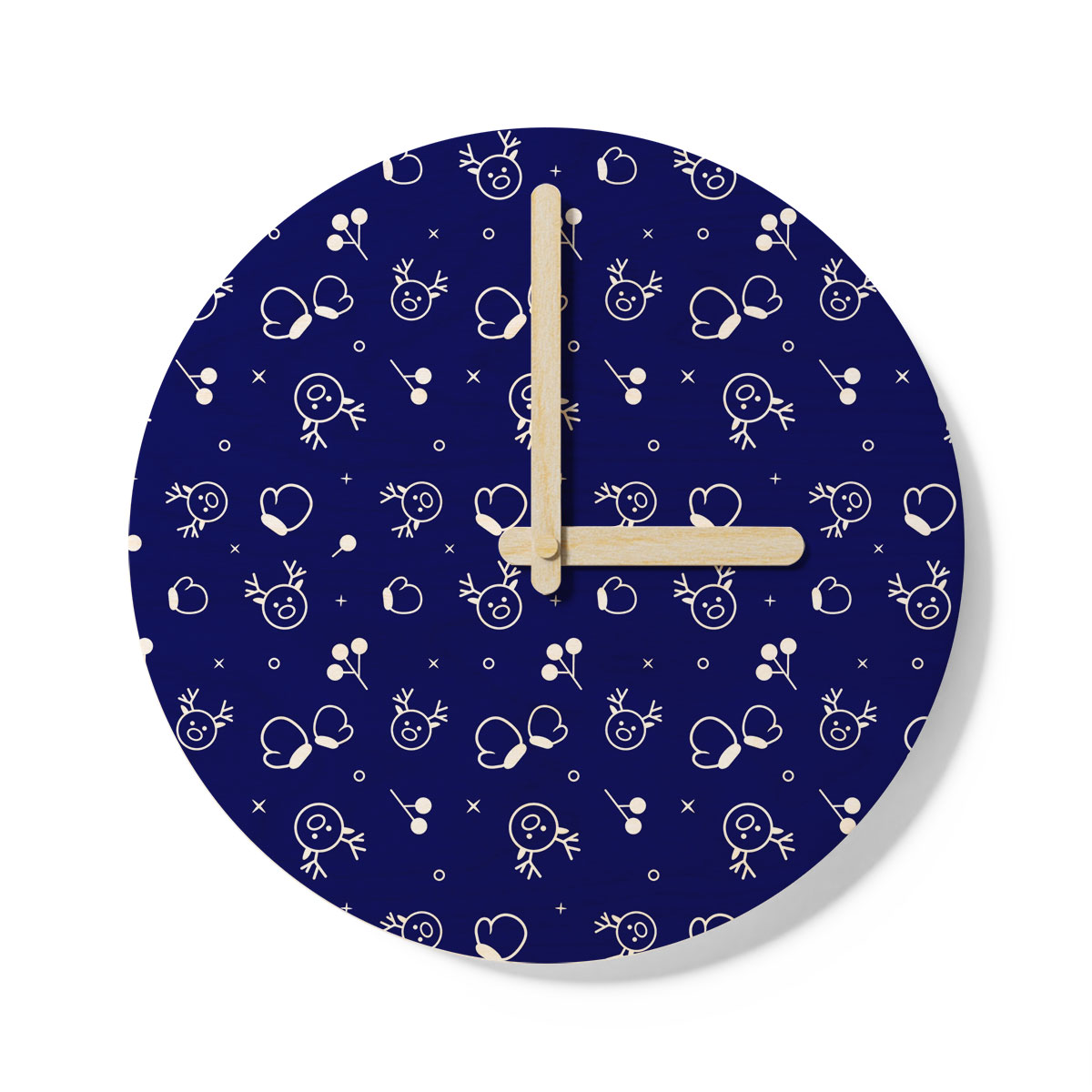 White And Blue Christmas Gloves And Reindeer Wooden Wall Clock