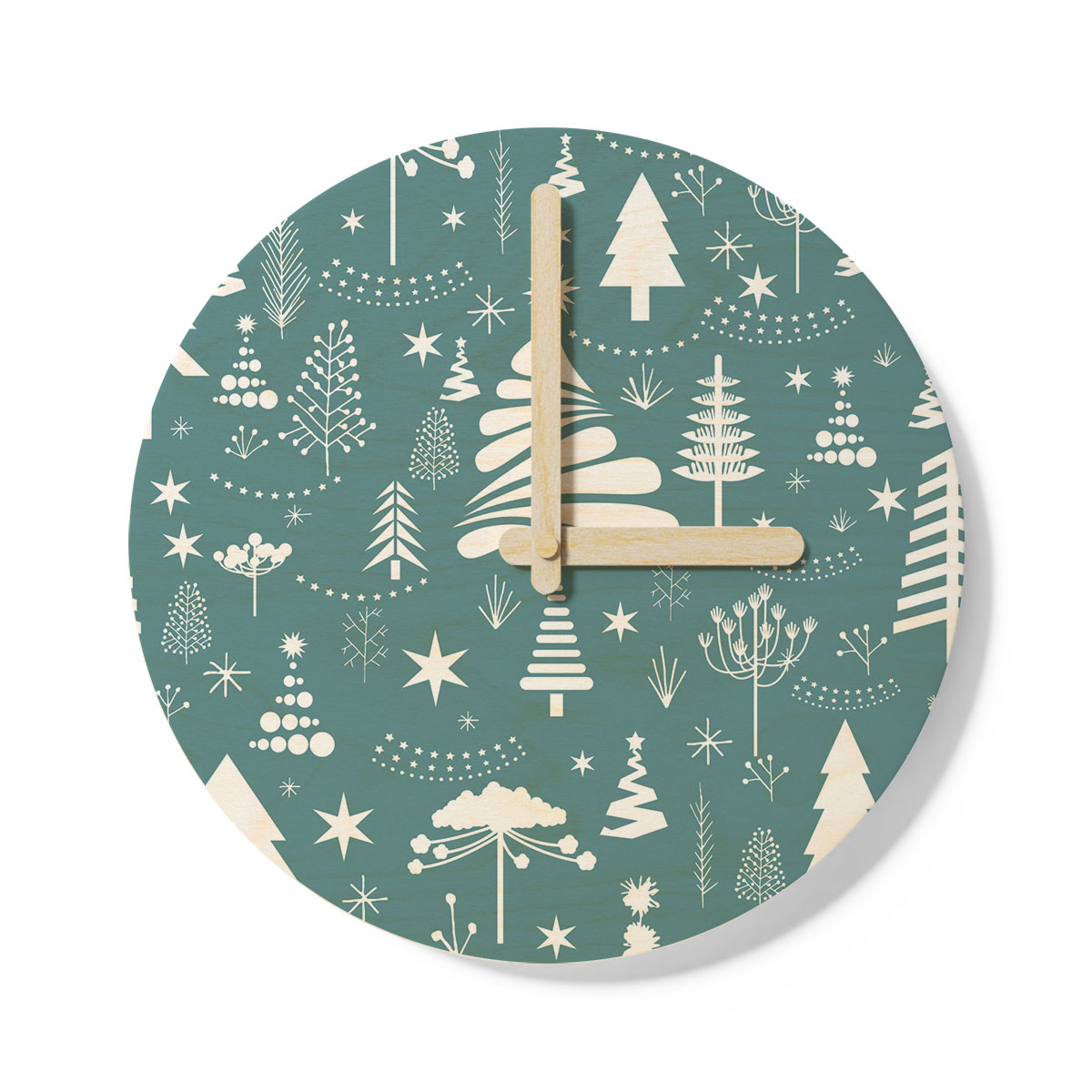 White And Blue Pine Tree Silhouette Pattern Wooden Wall Clock