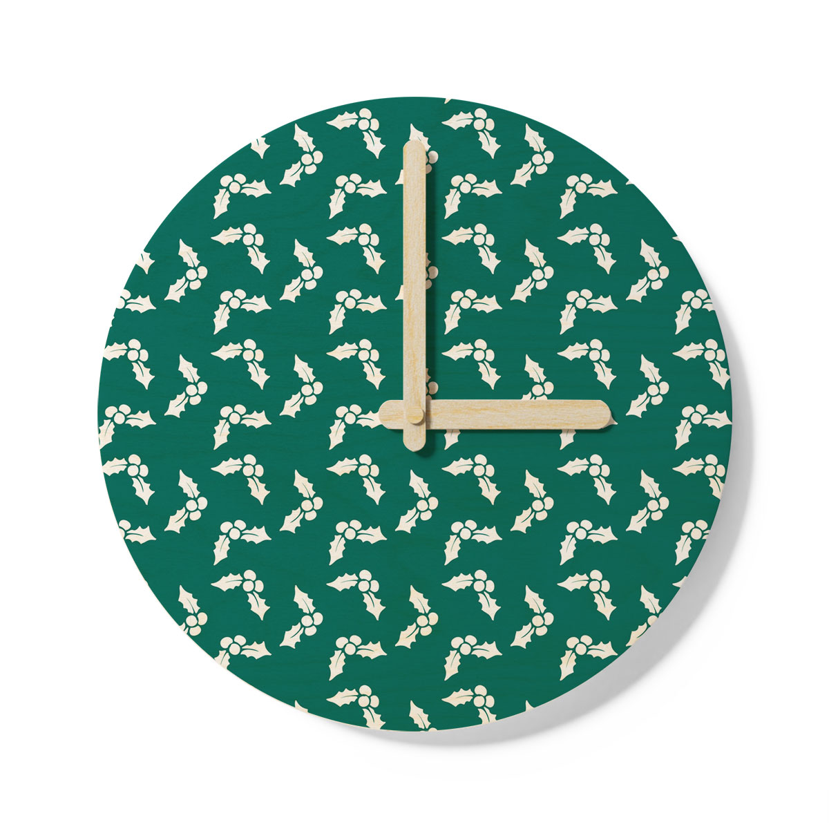 White And Dark Green Holly Leaf Christmas Wooden Wall Clock
