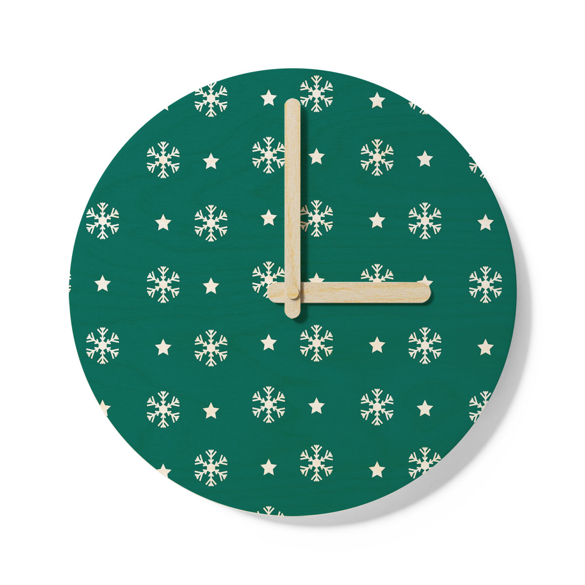 White And Dark Green Snowflake With Christmas Star Wooden Wall Clock