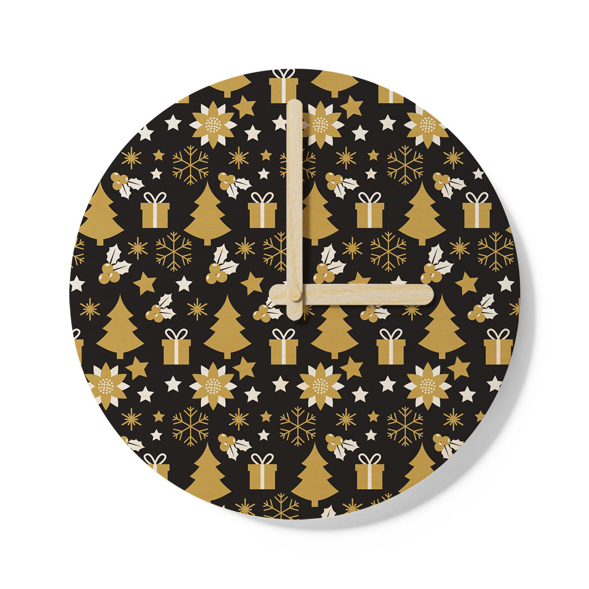 White And Gold Christmas Gift, Christmas Tree, Snowflake On Black Background Wooden Wall Clock