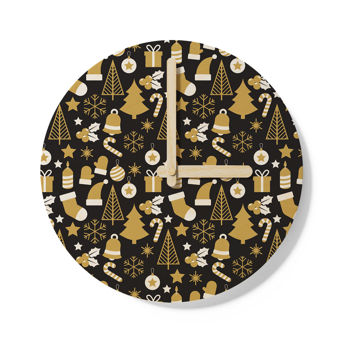 White And Gold Christmas Socks, Christmas Tree, Candy Cane On Black Background Wooden Wall Clock