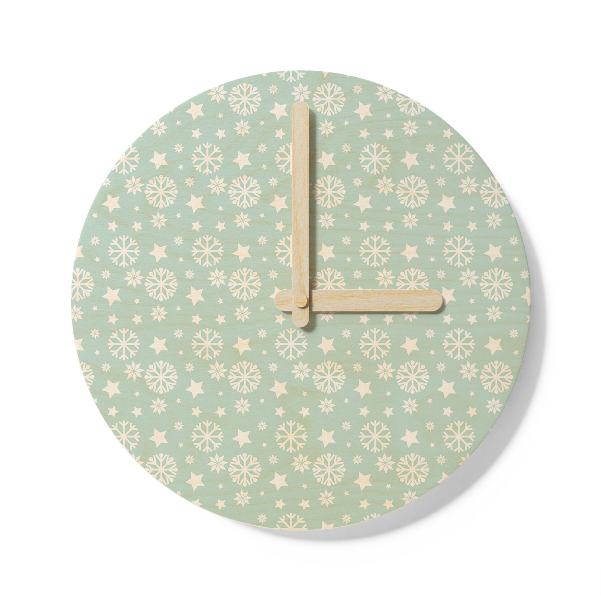 White And Light Green Snowflake And Christmas Stars Wooden Wall Clock