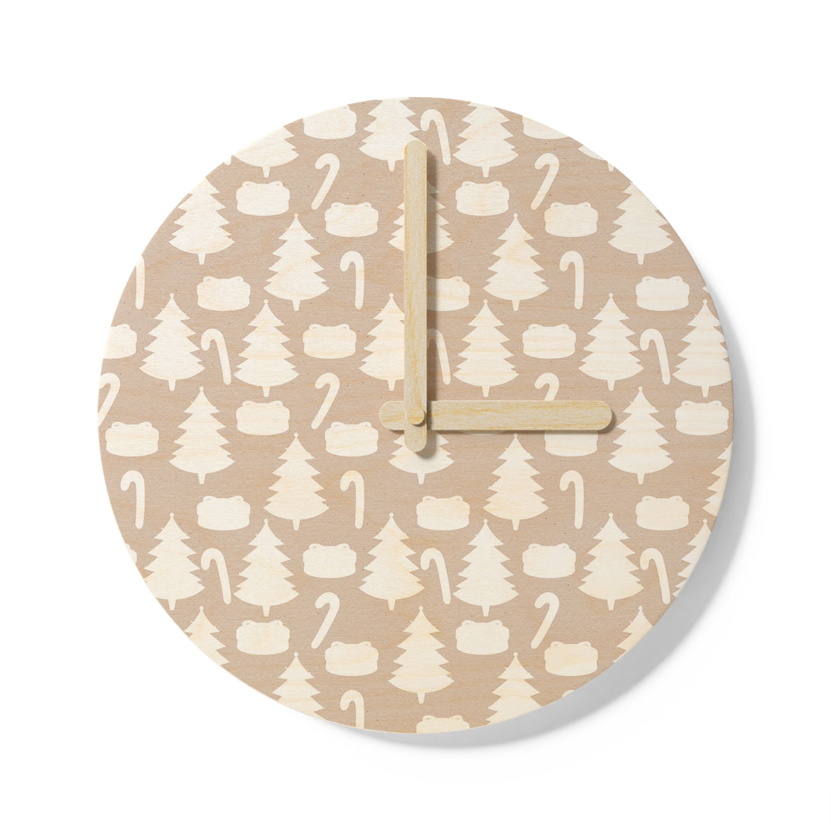 White Christmas Tree, Candy Cane On Beige Nude Background Wooden Wall Clock