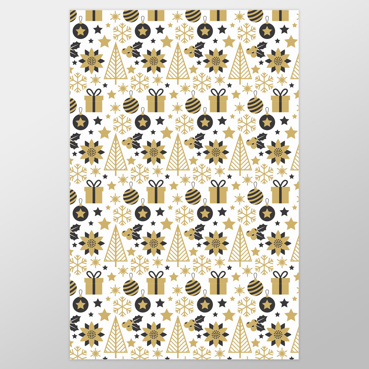 Black And Gold Christmas Gift, Holly Leaf, Snowflake On White Background Wrapping Paper