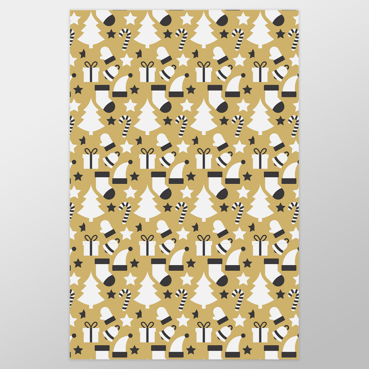 Black And White Christmas Socks, Christmas Tree, Candy Cane On Gold Background Wrapping Paper