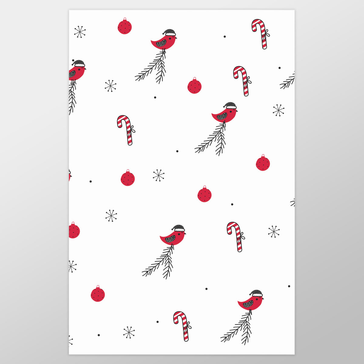Cardinal Bird With Santa Hat, Candy Canes, Christmas Balls And Snowflake Clipart Seamless White Pattern Wrapping Paper