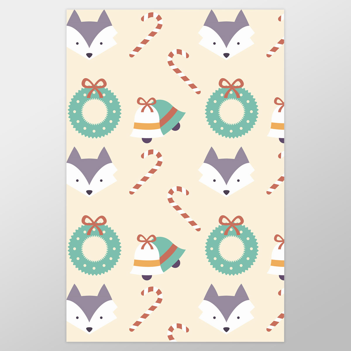 Christmas Bell, Candy Cane On Light Yellow Background Wrapping Paper