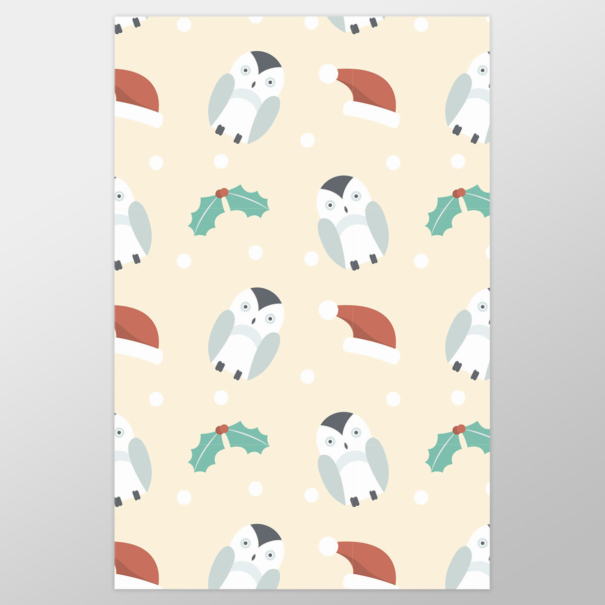 Christmas Penguins, Holly Leaf On Light Yellow Background Wrapping Paper
