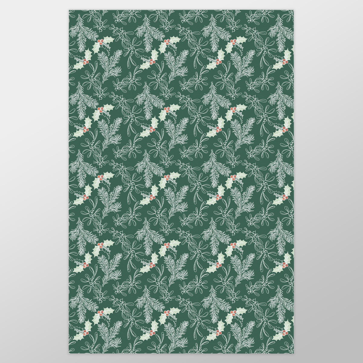 Holly Leaf, Christmas Mistletoe And Pine Tree Branche Wrapping Paper