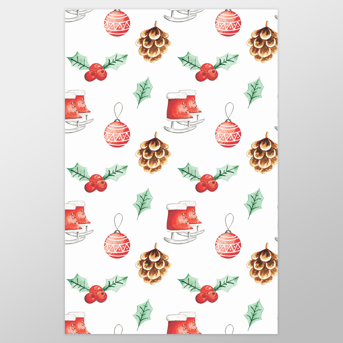 Ice Skates, Holly Leaf, Pine Cone And Christmas Baubles Wrapping Paper