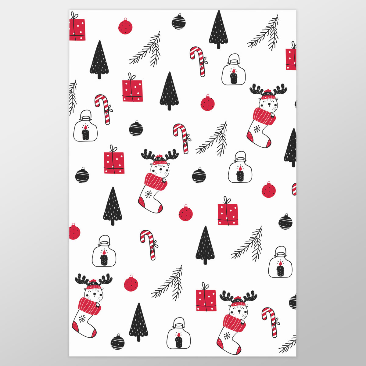 Reindeer Clipart In Hand Drawn Red Socks, Christmas Balls, Candy Canes, And Christmas Gifts Seamless White Pattern Wrapping Paper