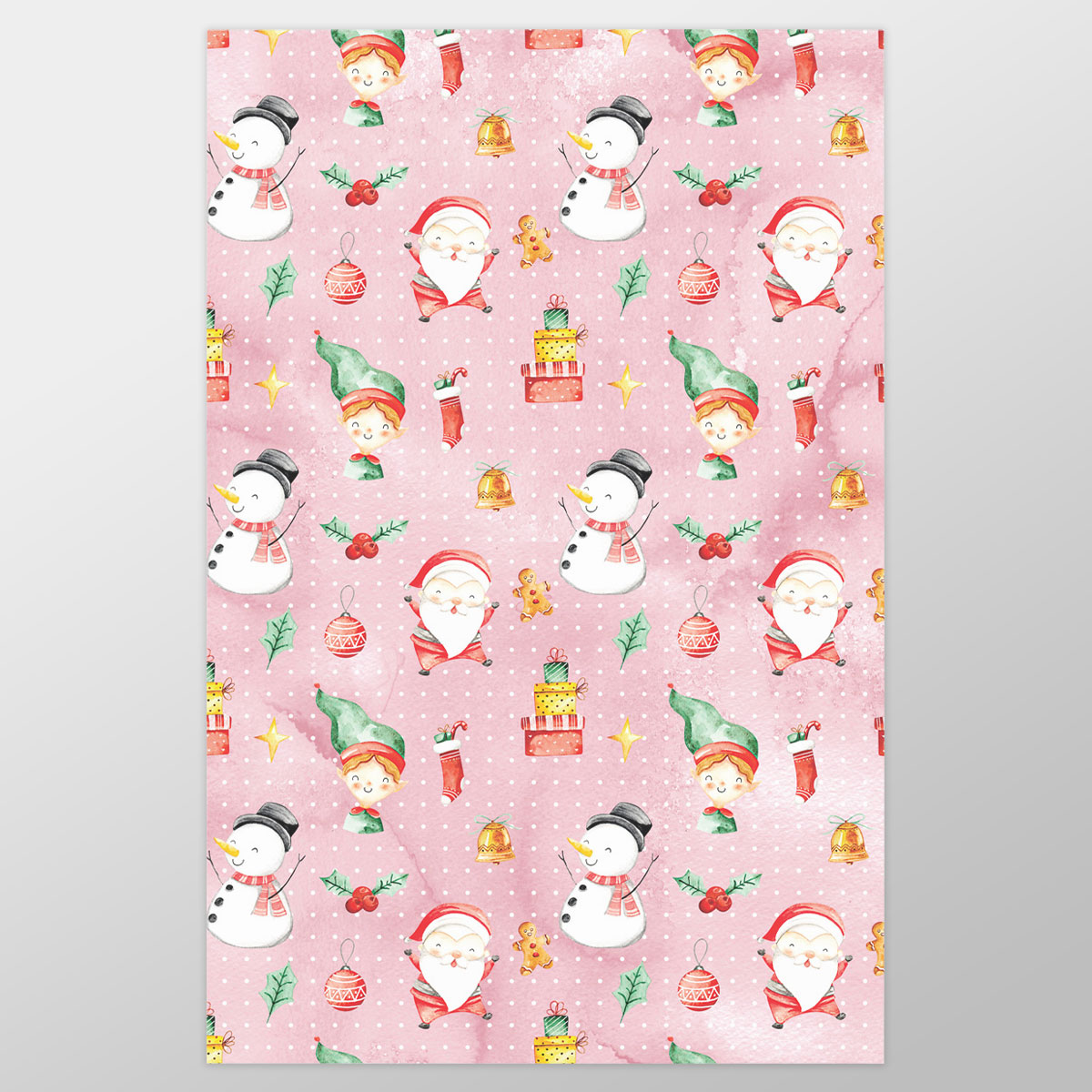 Santa Clause, Snowman And Christmas Elf With Christmas Gifts Wrapping Paper