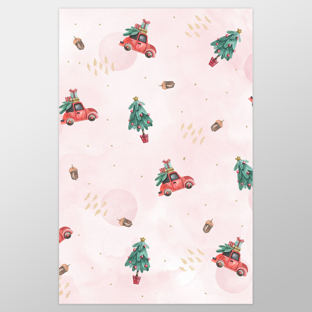 Watercolor Christmas Car With Gifts And Acorns Pink Pattern Wrapping Paper