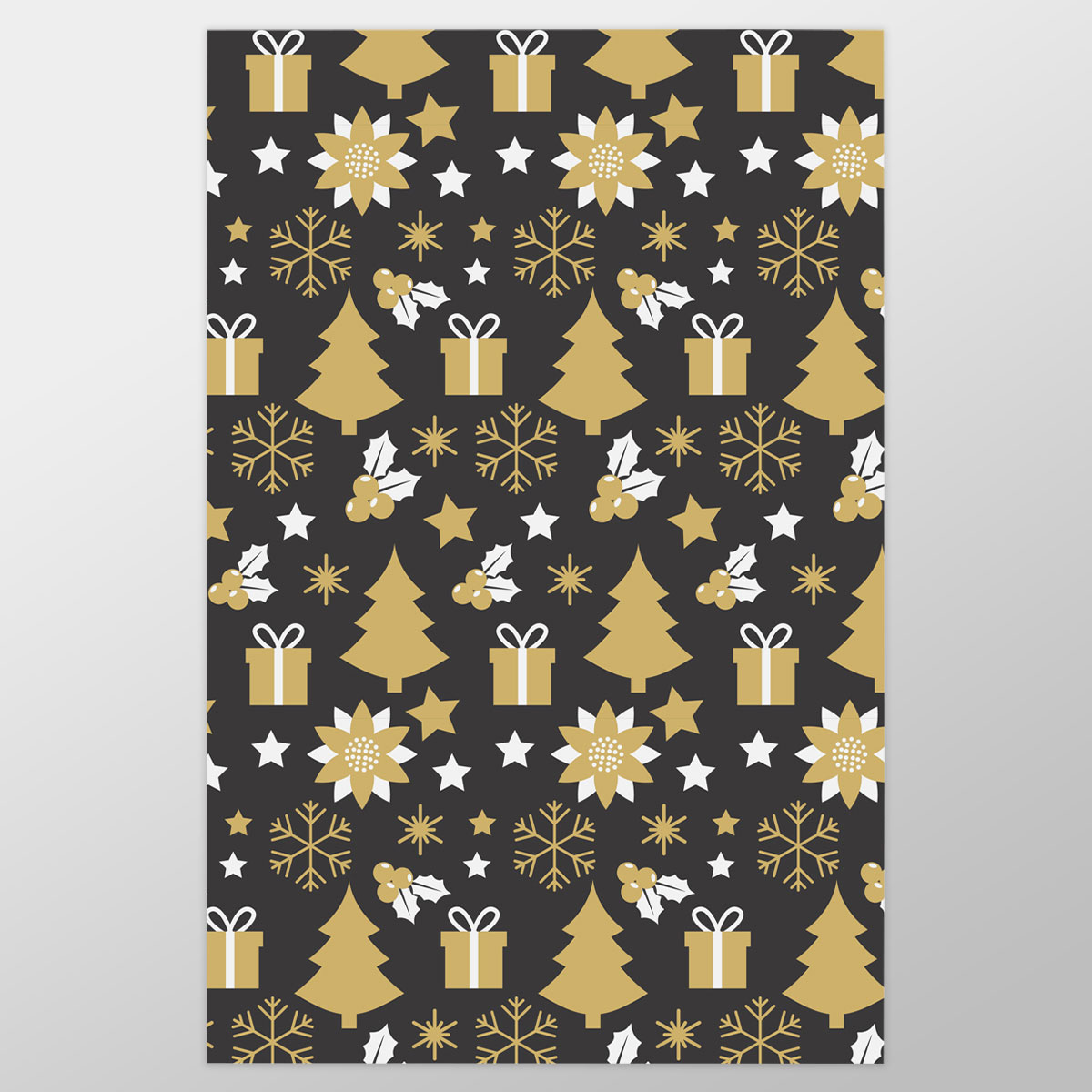 White And Gold Christmas Gift, Christmas Tree, Snowflake On Black Background Wrapping Paper