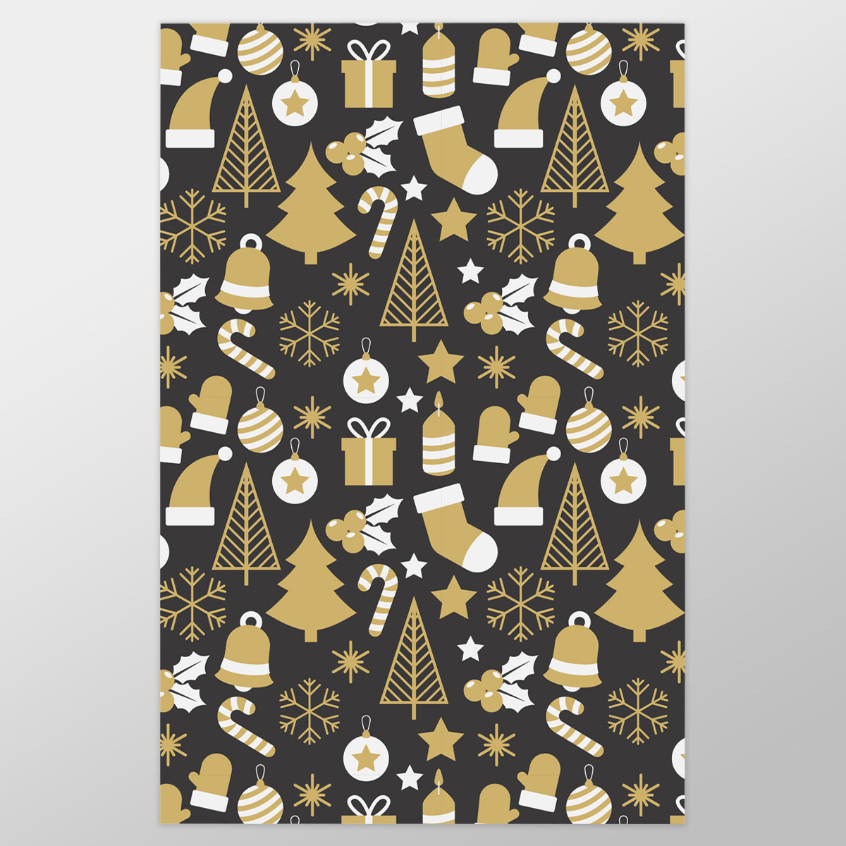 White And Gold Christmas Socks, Christmas Tree, Candy Cane On Black Background Wrapping Paper