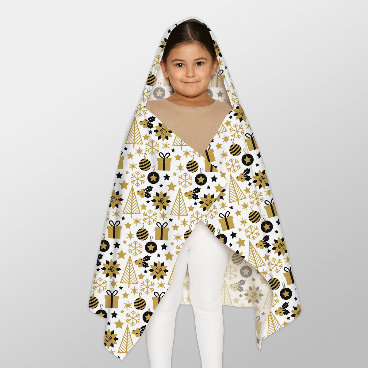 Black And Gold Christmas Gift, Holly Leaf, Snowflake On White Background Youth Hooded Towel