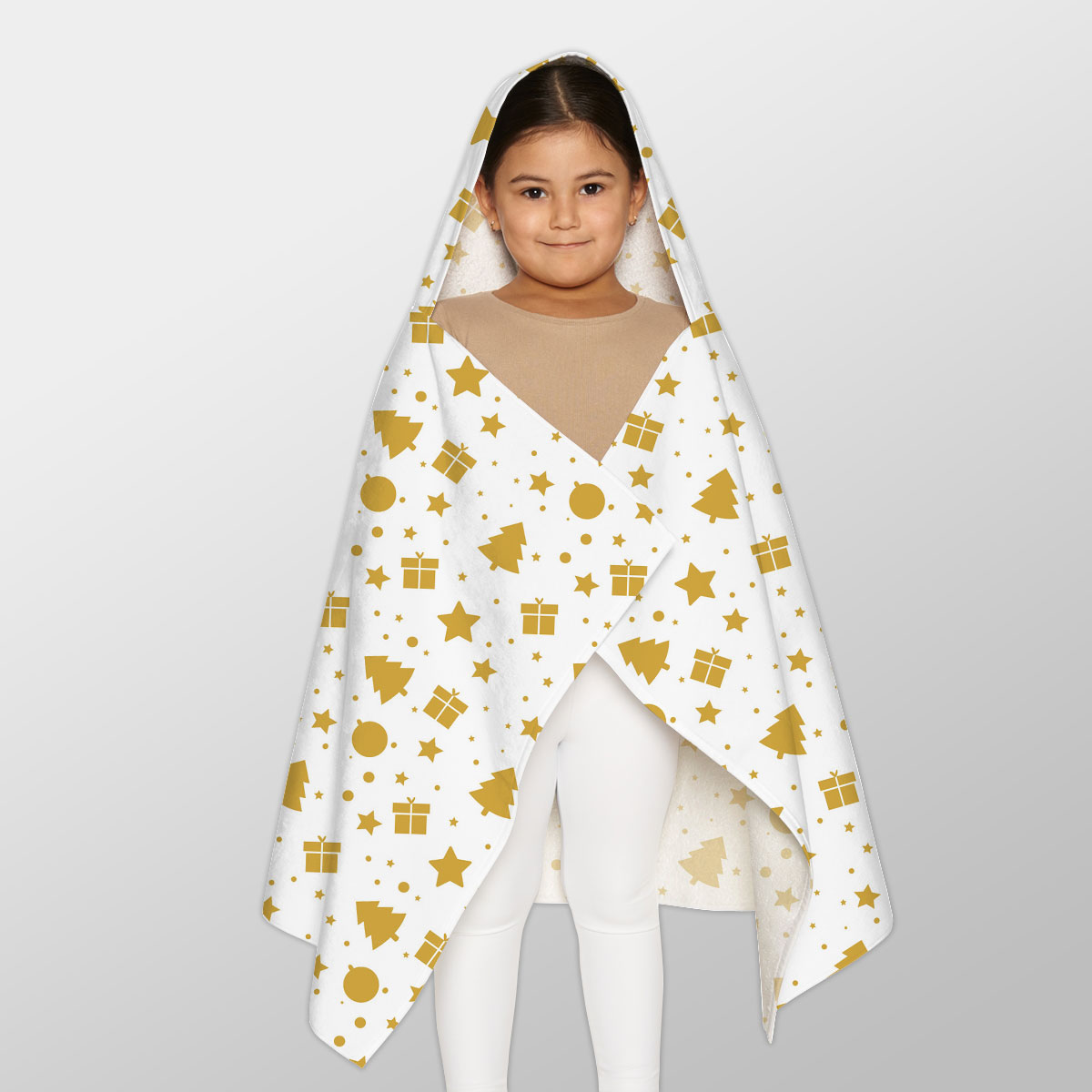 Christmas Gifts, Baudles And Pine Tree Silhouette Filled In Gold Color Pattern Youth Hooded Towel