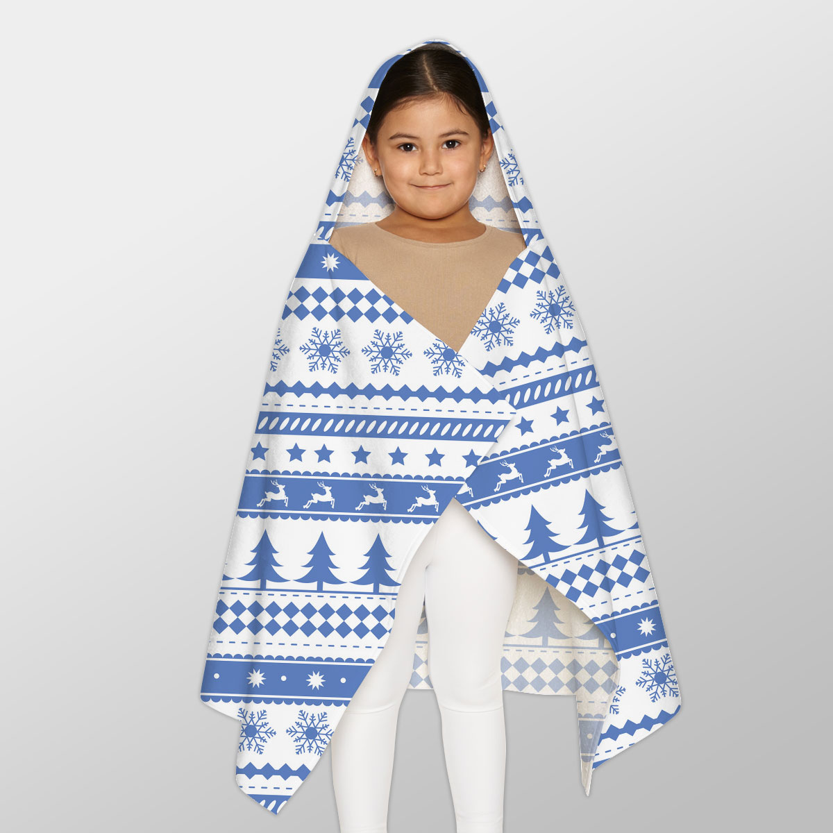 Christmas Pine Tree Silhouette, Reindeer And Snowflake Seamless Blue Pattern Youth Hooded Towel