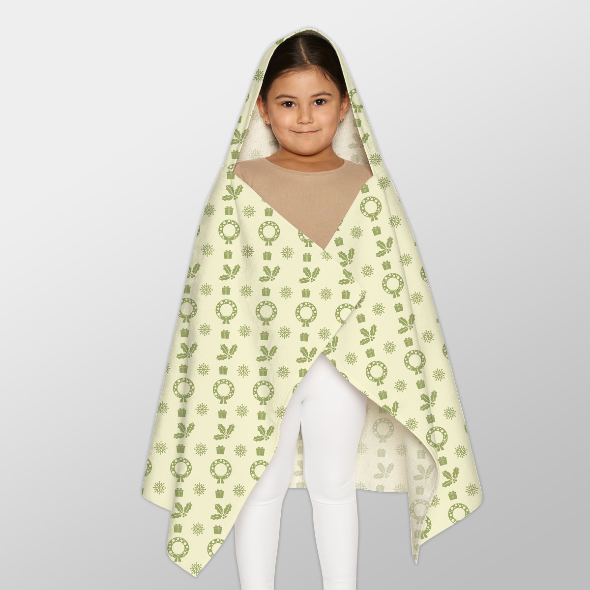 Green And Yellow Christmas Gift, Holly Leaf With Snowflake Youth Hooded Towel