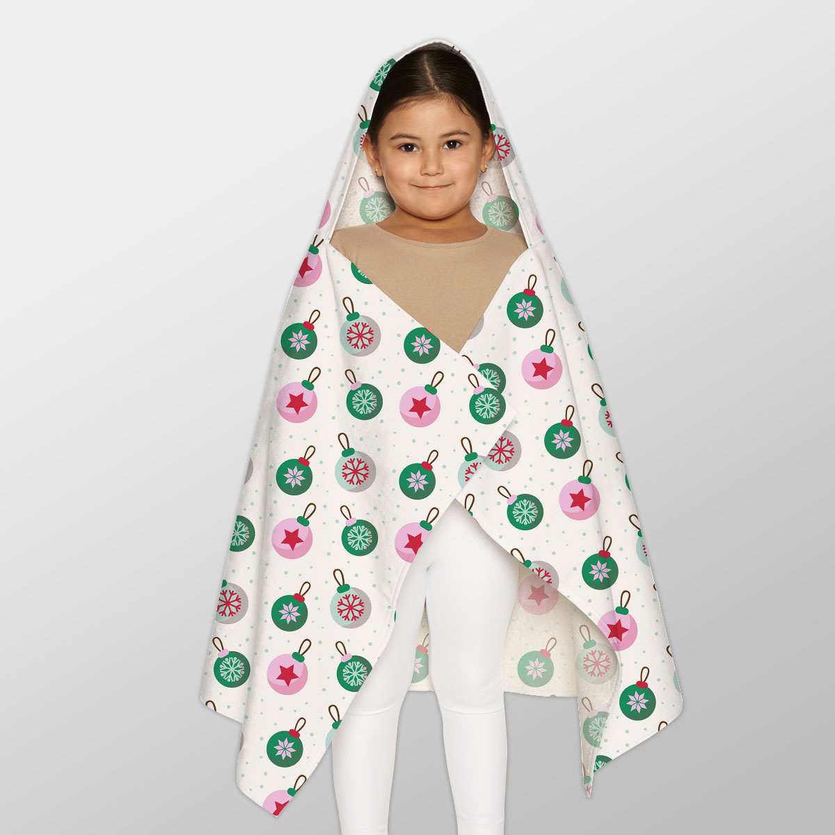 Green Pink And White Christmas Ball Pattern Youth Hooded Towel