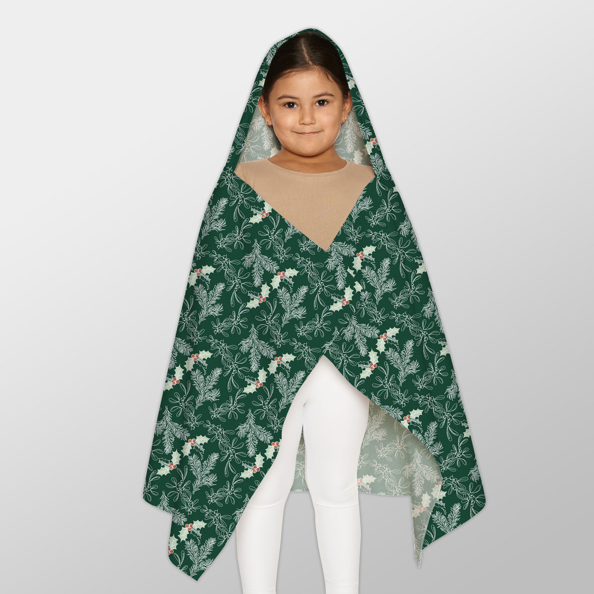 Holly Leaf, Christmas Mistletoe And Pine Tree Branche Youth Hooded Towel